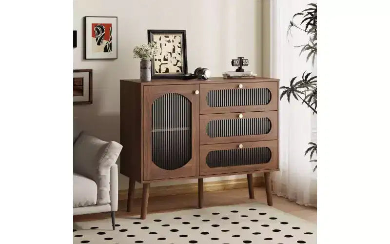 Mobiletto vintage in legno naturale con 3 cassetti e anta laterale