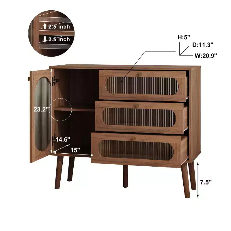 Mobiletto vintage in legno naturale con 3 cassetti e anta laterale