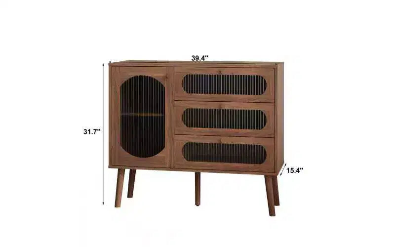 Mobiletto vintage in legno naturale con 3 cassetti e anta laterale