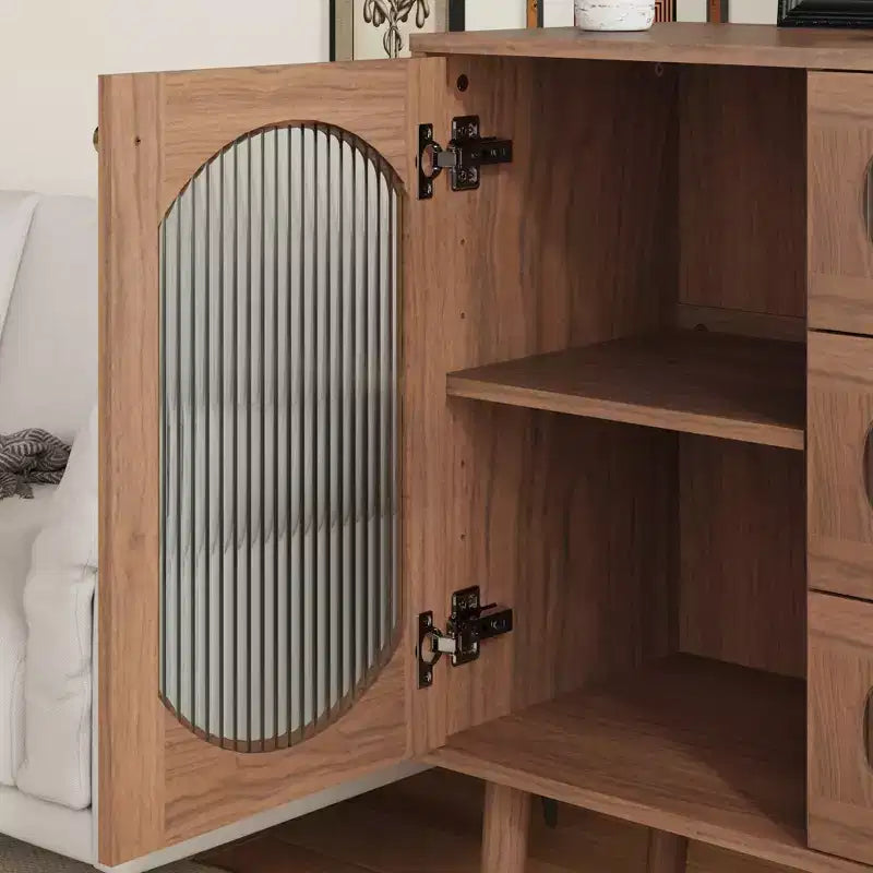 Mobiletto vintage in legno naturale con 3 cassetti e anta laterale