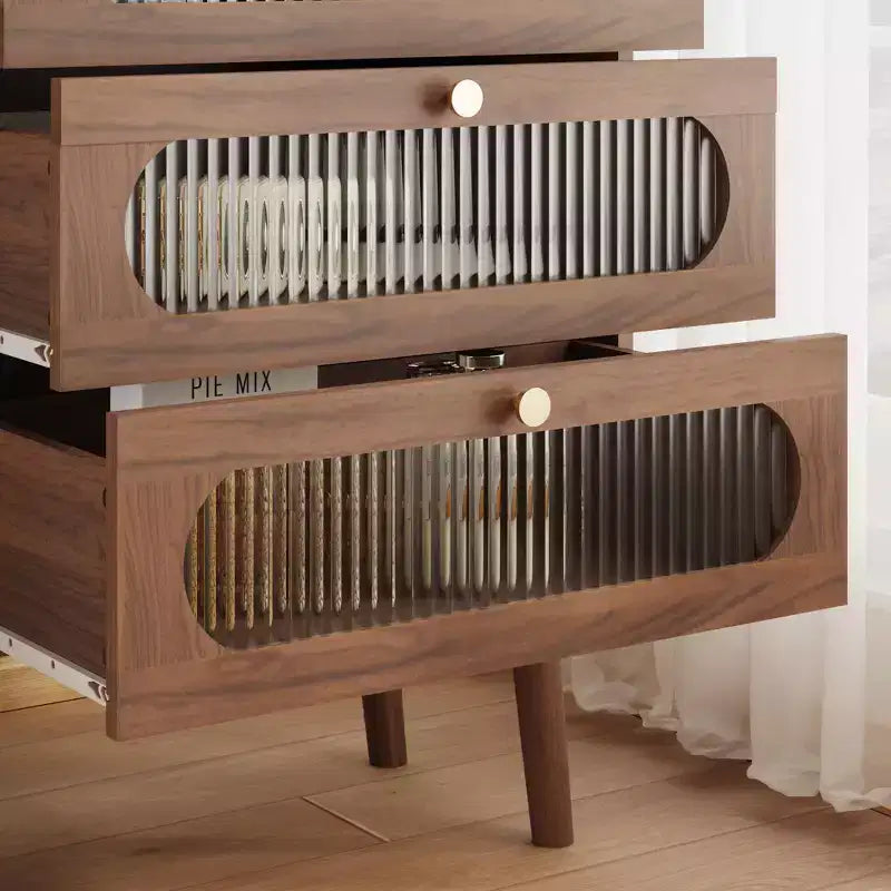 Mobiletto vintage in legno naturale con 3 cassetti e anta laterale