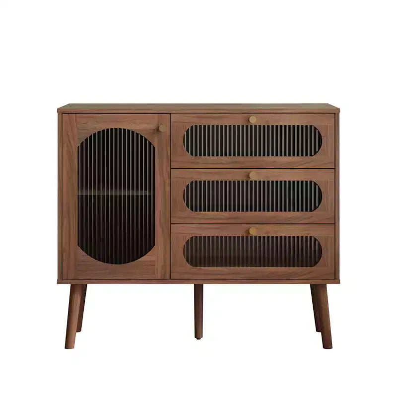 Mobiletto vintage in legno naturale con 3 cassetti e anta laterale