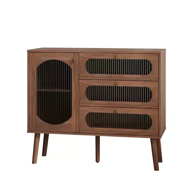 Mobiletto vintage in legno naturale con 3 cassetti e anta laterale
