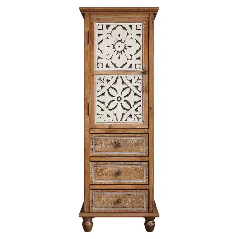 Mobiletto alto rustico marrone con anta floreale intagliata e 3 cassetti