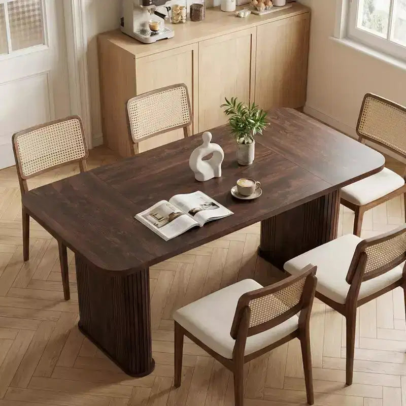 Tavolo da pranzo rettangolare marrone/naturale/noce, doppio piedistallo, 6-8 posti