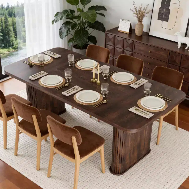 62 Dining Table for 6-8, Rectangle Wooden Kitchen Table with Double Robust Pedestal, Sturdy Dinner Table for Dining Room, Kitchen & Living Area