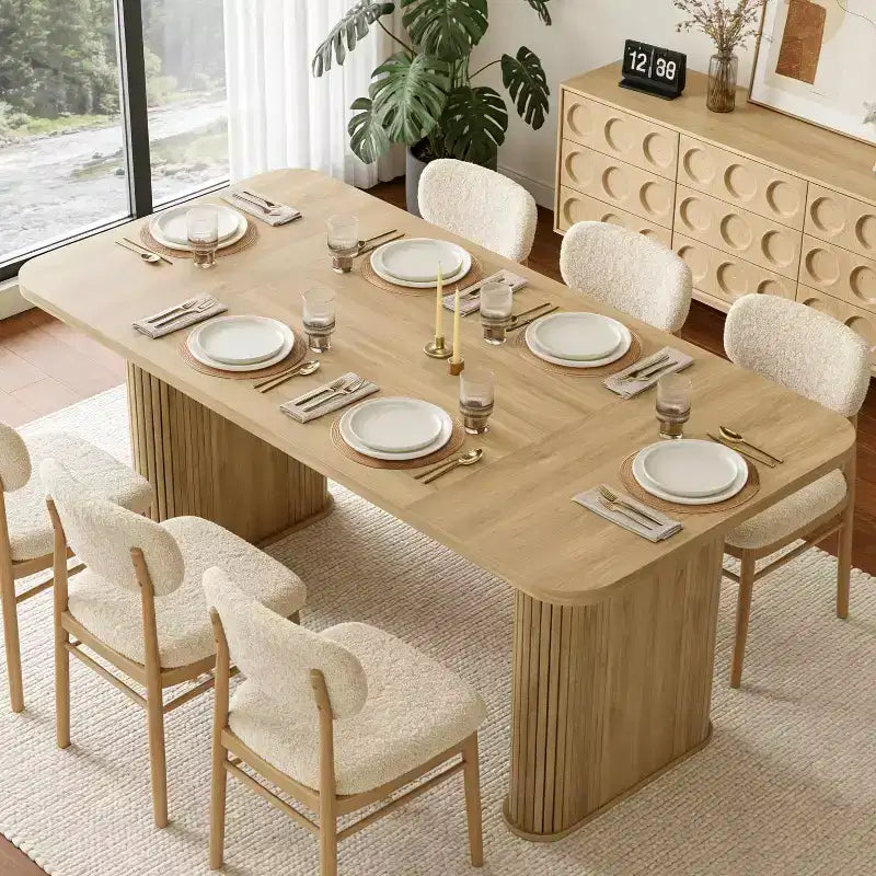 Tavolo da pranzo rettangolare marrone/naturale/noce, doppio piedistallo, 6-8 posti