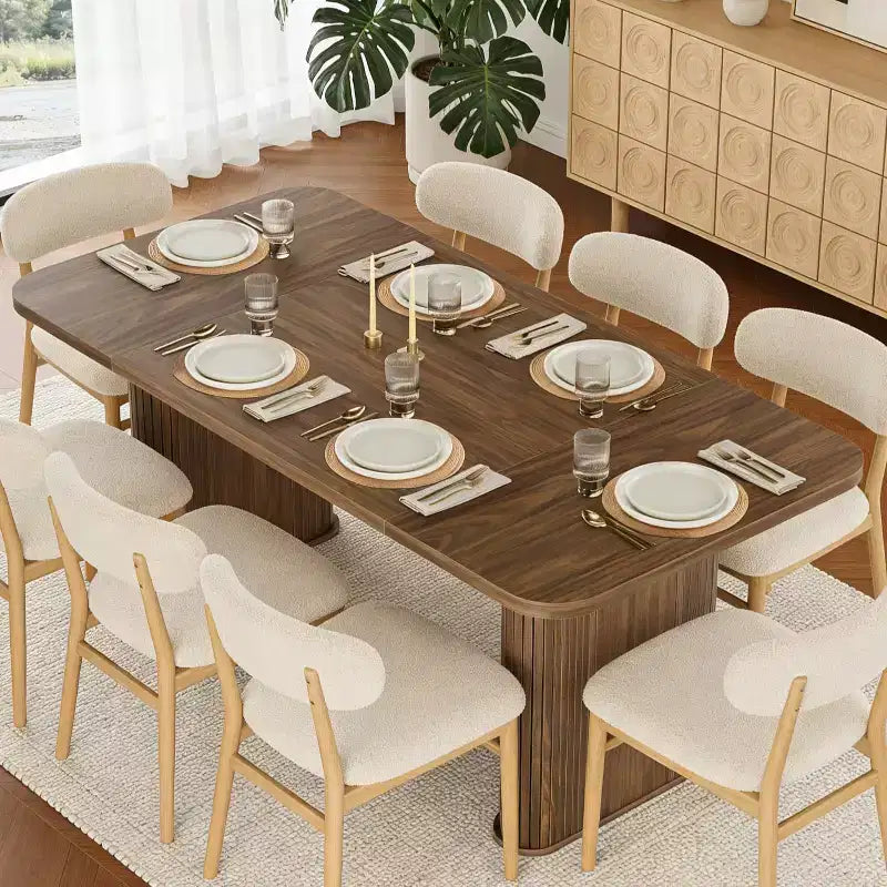 Tavolo da pranzo rettangolare marrone/naturale/noce, doppio piedistallo, 6-8 posti