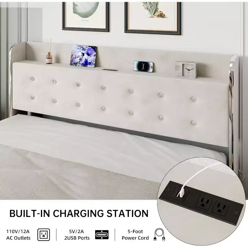 Bed Frame with 4 Storage Drawers, Velvet Upholstered Platform, 1000lbs Support, BeigeQUEEN