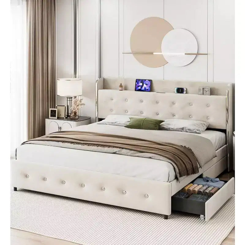 Base letto Queen in crema beige con 4 cassetti contenitori, rivestimento in velluto, per 1