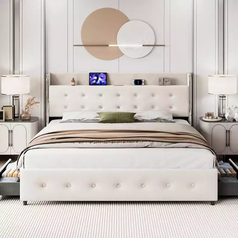 Base letto Queen in crema beige con 4 cassetti contenitori, rivestimento in velluto, per 1