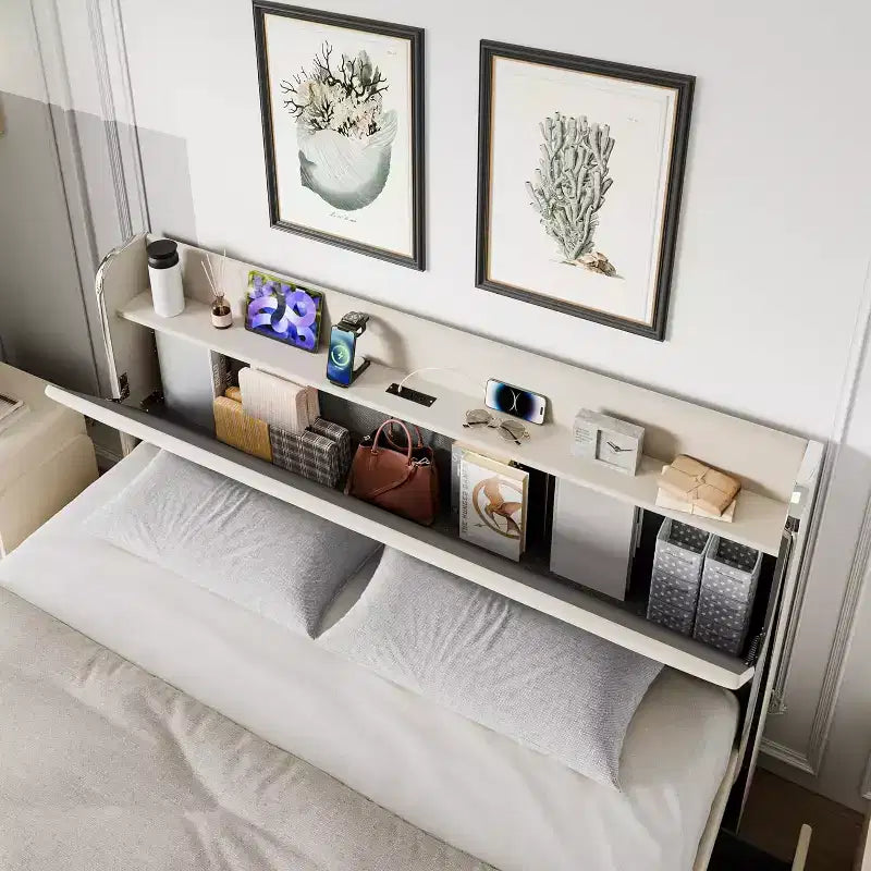 Base letto Queen in crema beige con 4 cassetti contenitori, rivestimento in velluto, per 1