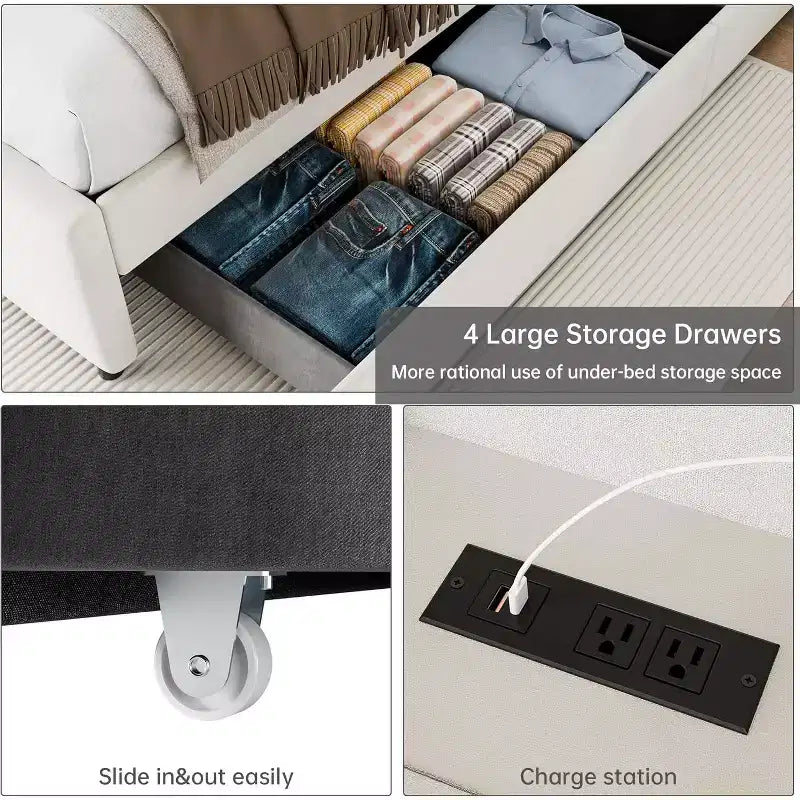 Base letto Queen in crema beige con 4 cassetti contenitori, rivestimento in velluto, per 1