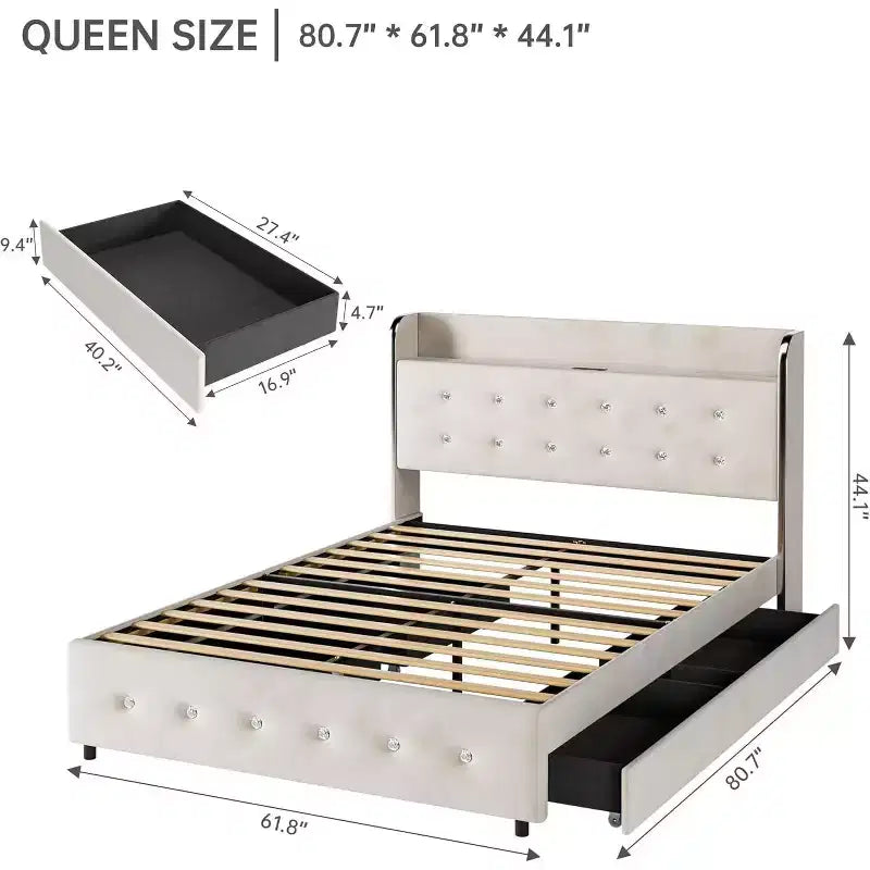 Base letto Queen in crema beige con 4 cassetti contenitori, rivestimento in velluto, per 1