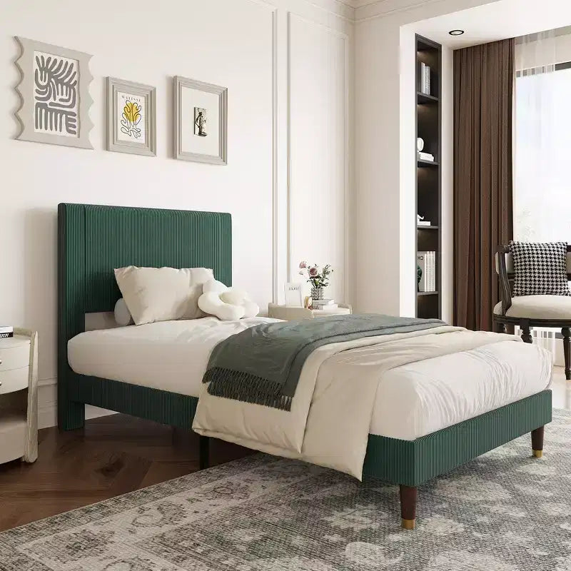 Struttura letto a piattaforma imbottita in velluto a coste con testiera – Beige/Verde/Marrone/Nero, da singolo a king size, per 1–2 persone