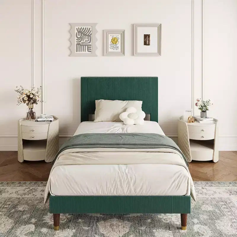 Struttura letto a piattaforma imbottita in velluto a coste con testiera – Beige/Verde/Marrone/Nero, da singolo a king size, per 1–2 persone