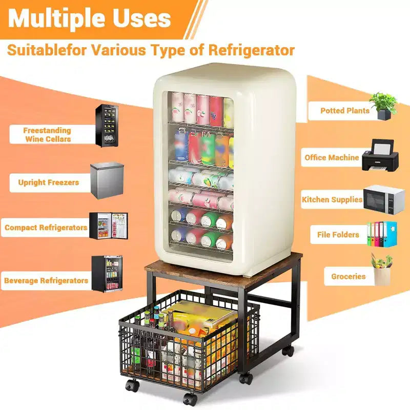 Supporto per mini frigo in metallo nero con ruote e cassetto, carrello per 1