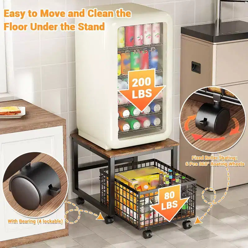 Supporto per mini frigo in metallo nero con ruote e cassetto, carrello per 1