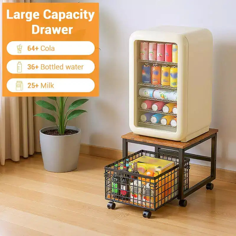 Supporto per mini frigo in metallo nero con ruote e cassetto, carrello per 1