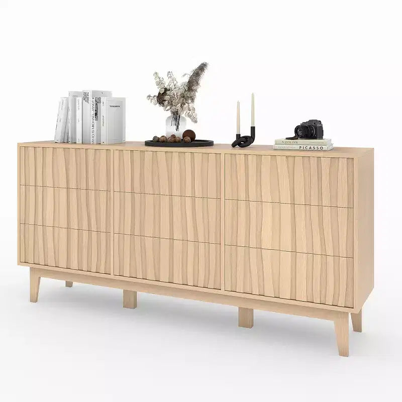 Cassettiera in legno naturale scanalata a 9 cassetti, da pavimento, montaggio da 1 persona
