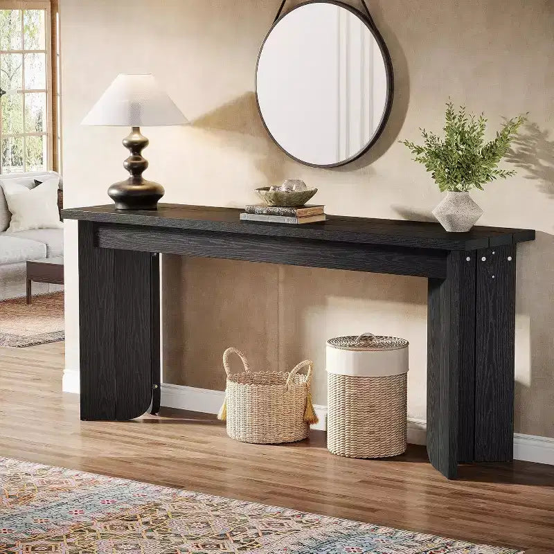 Tavolo consolle nero stile rustico, rettangolare, a doppio piedistallo, singolo