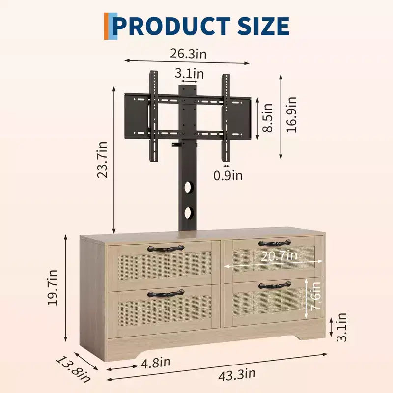 Mobile TV a 4 cassetti con supporto regolabile | Nero e legno naturale | Adatto a TV fino a 70" | 2 colori