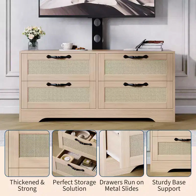 Mobile TV a 4 cassetti con supporto regolabile | Nero e legno naturale | Adatto a TV fino a 70" | 2 colori