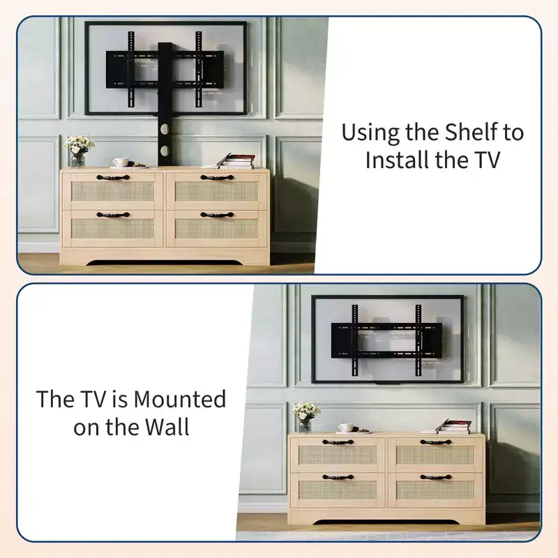 Mobile TV a 4 cassetti con supporto regolabile | Nero e legno naturale | Adatto a TV fino a 70" | 2 colori