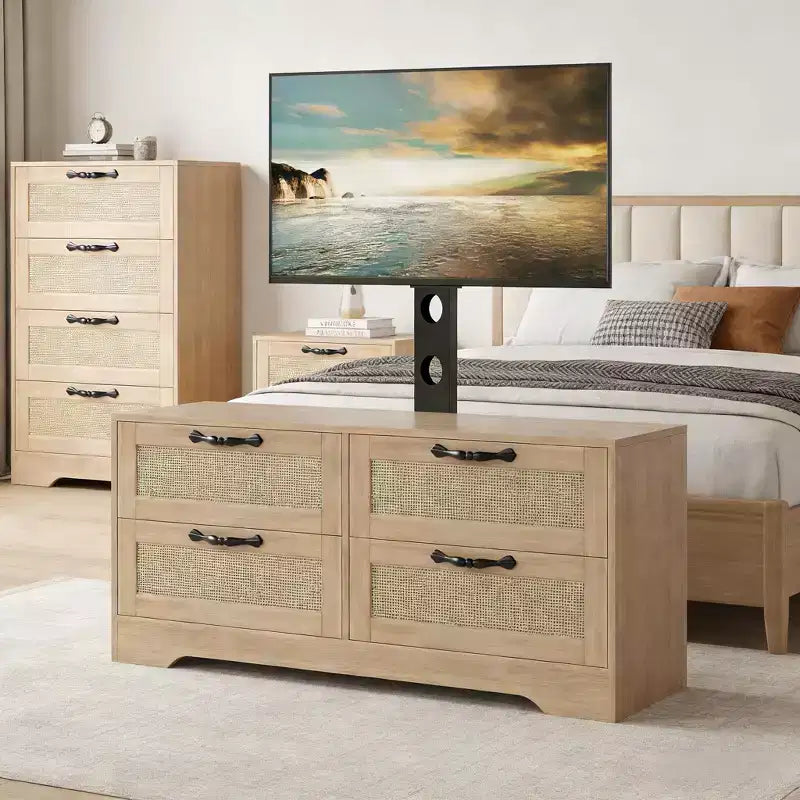 Mobile TV a 4 cassetti con supporto regolabile | Nero e legno naturale | Adatto a TV fino a 70" | 2 colori