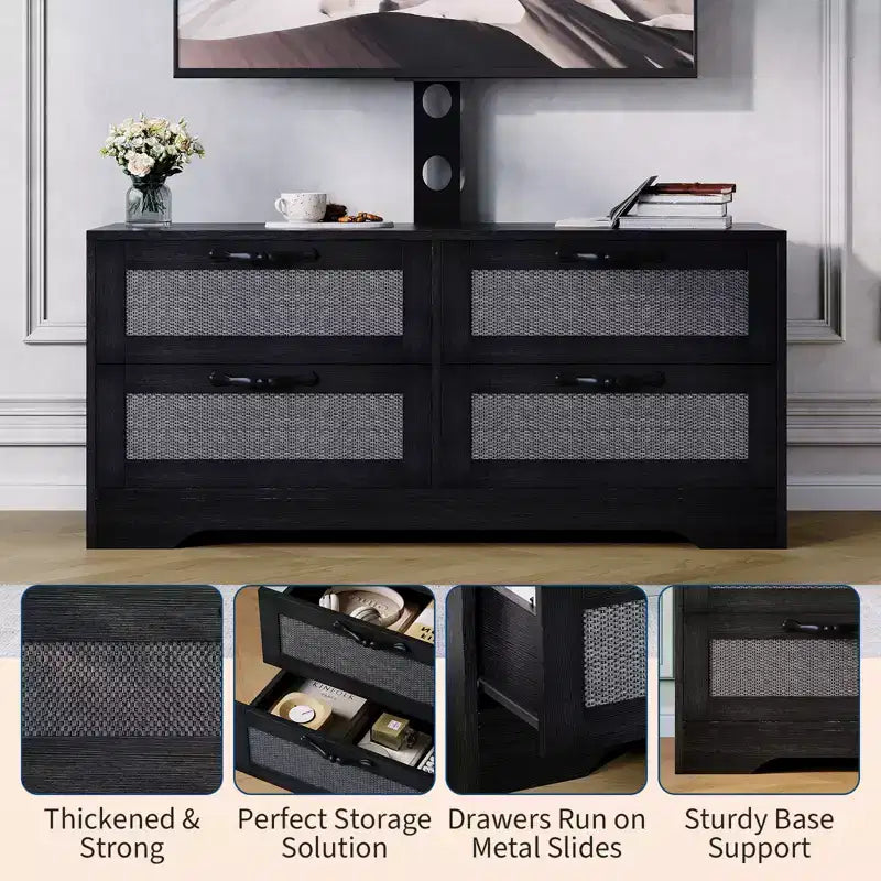 Mobile TV a 4 cassetti con supporto regolabile | Nero e legno naturale | Adatto a TV fino a 70" | 2 colori