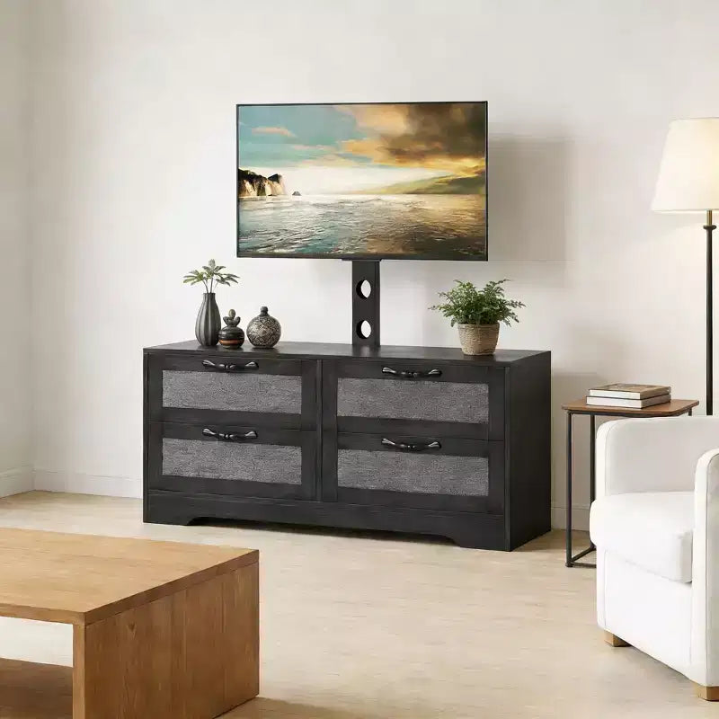 Mobile TV a 4 cassetti con supporto regolabile | Nero e legno naturale | Adatto a TV fino a 70" | 2 colori