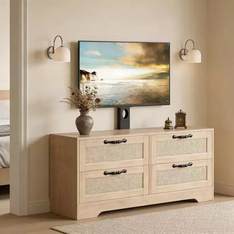 Mobile TV a 4 cassetti con supporto regolabile | Nero e legno naturale | Adatto a TV fino a 70" | 2 colori
