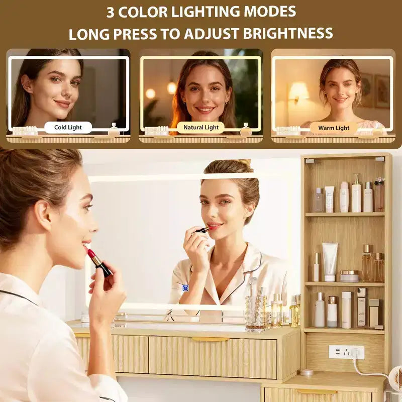 Tocador da trucco a doghe in legno naturale con specchio a LED, 5 cassetti, singolo utente
