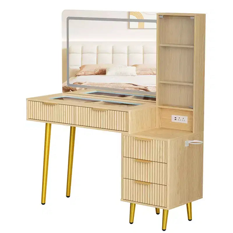 Tocador da trucco a doghe in legno naturale con specchio a LED, 5 cassetti, singolo utente
