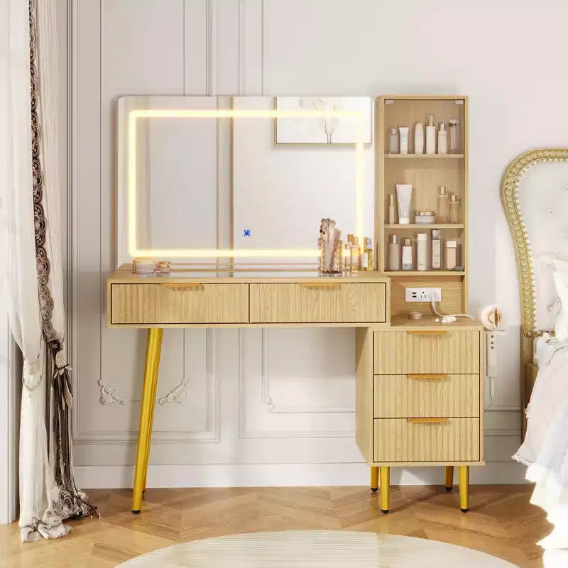 Tocador da trucco a doghe in legno naturale con specchio a LED, 5 cassetti, singolo utente