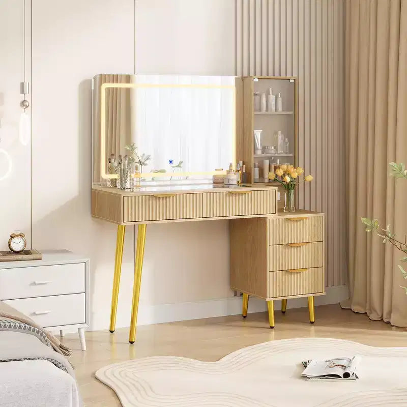 Tocador da trucco a doghe in legno naturale con specchio a LED, 5 cassetti, singolo utente