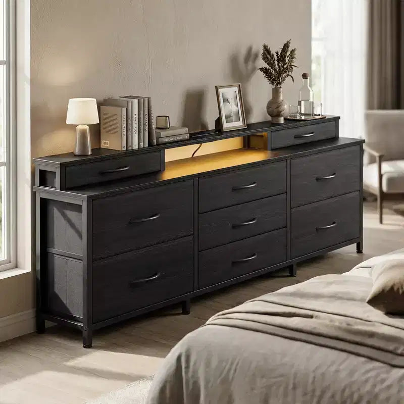 Large Fabric Chest of Drawers 63 Inch Wide 9 Drawer Dresser LED Lights Power Outlets Shelves Storage Organizer Bedroom Black Wood Top