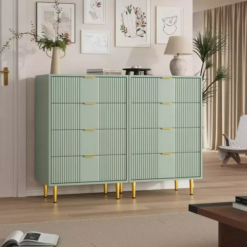 Cassettiera scanalata beige/verde/bianca con maniglie in metallo, 5 cassetti