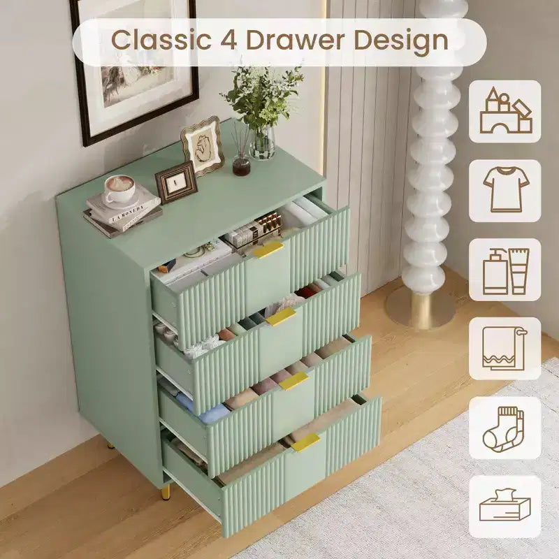 Cassettiera scanalata beige/verde/bianca con maniglie in metallo, 5 cassetti