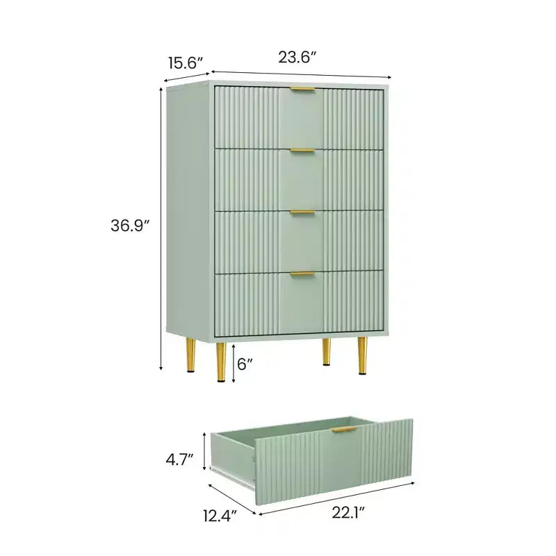 Cassettiera scanalata beige/verde/bianca con maniglie in metallo, 5 cassetti