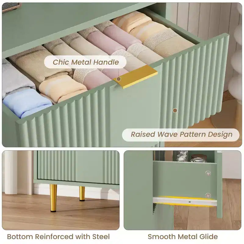 Cassettiera scanalata beige/verde/bianca con maniglie in metallo, 5 cassetti