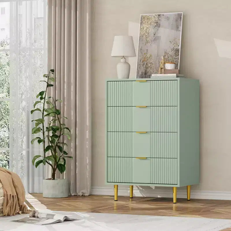 Cassettiera scanalata beige/verde/bianca con maniglie in metallo, 5 cassetti