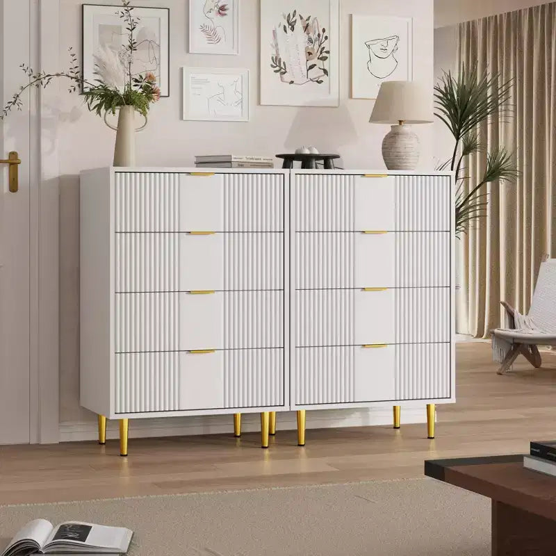 Cassettiera scanalata beige/verde/bianca con maniglie in metallo, 5 cassetti