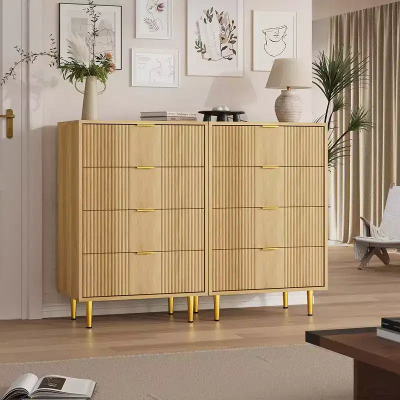 Cassettiera scanalata beige/verde/bianca con maniglie in metallo, 5 cassetti