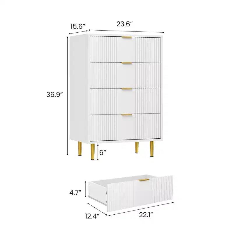 Cassettiera scanalata beige/verde/bianca con maniglie in metallo, 5 cassetti