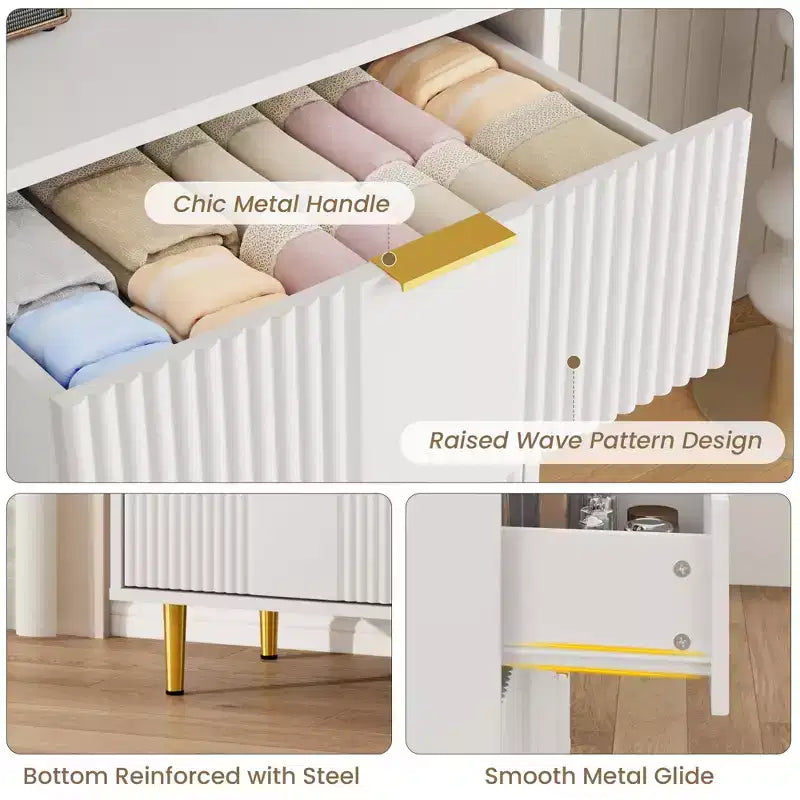 Cassettiera scanalata beige/verde/bianca con maniglie in metallo, 5 cassetti