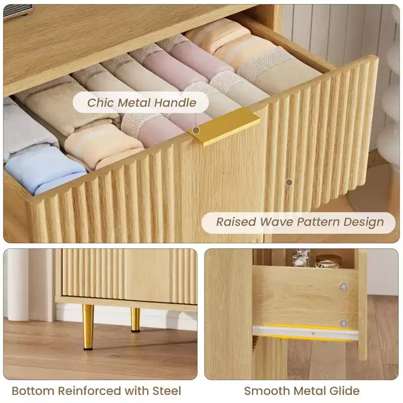 Cassettiera scanalata beige/verde/bianca con maniglie in metallo, 5 cassetti