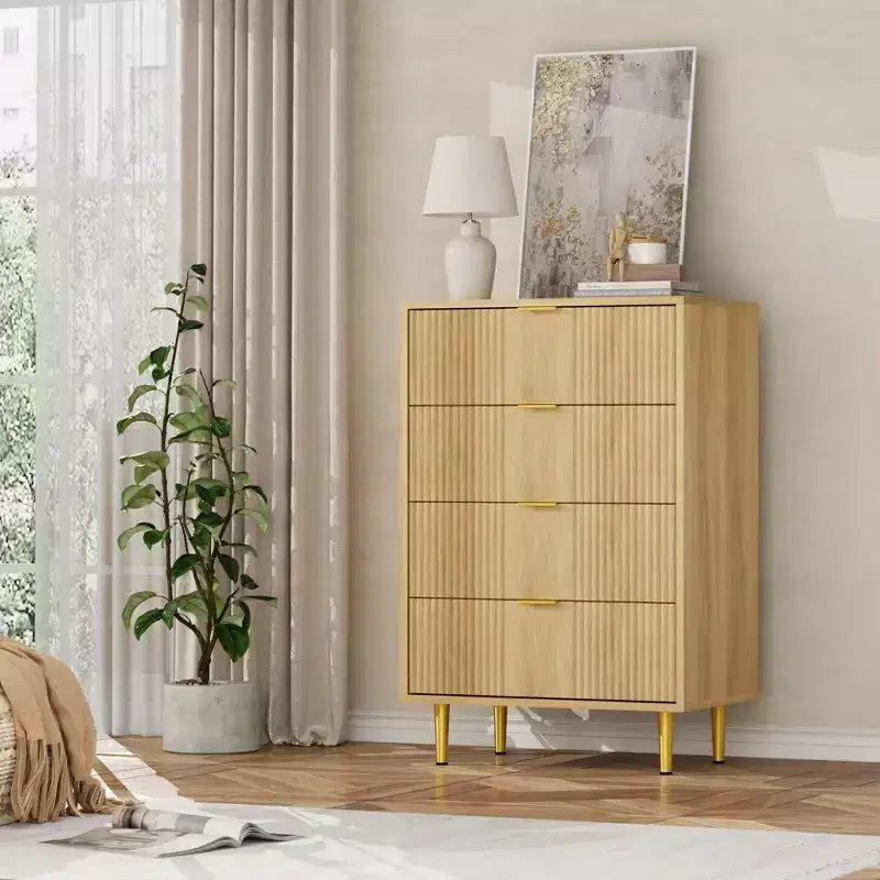 Cassettiera scanalata beige/verde/bianca con maniglie in metallo, 5 cassetti