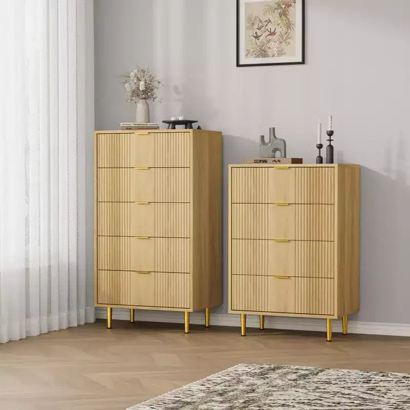 Cassettiera scanalata beige/verde/bianca con maniglie in metallo, 5 cassetti