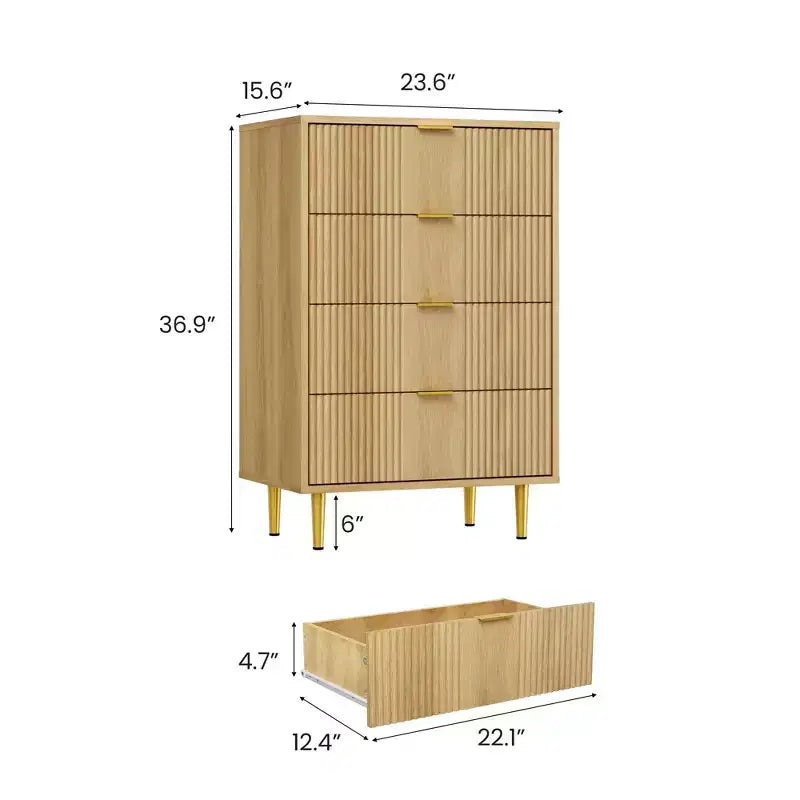 Cassettiera scanalata beige/verde/bianca con maniglie in metallo, 5 cassetti